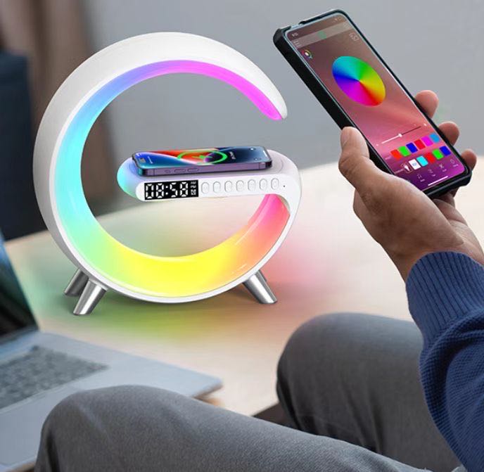 Multifunctional Wireless Charger Alarm Clock Speaker APP Control RGB Night Light Charging Station for Iphone 14 Samsung xiaomi