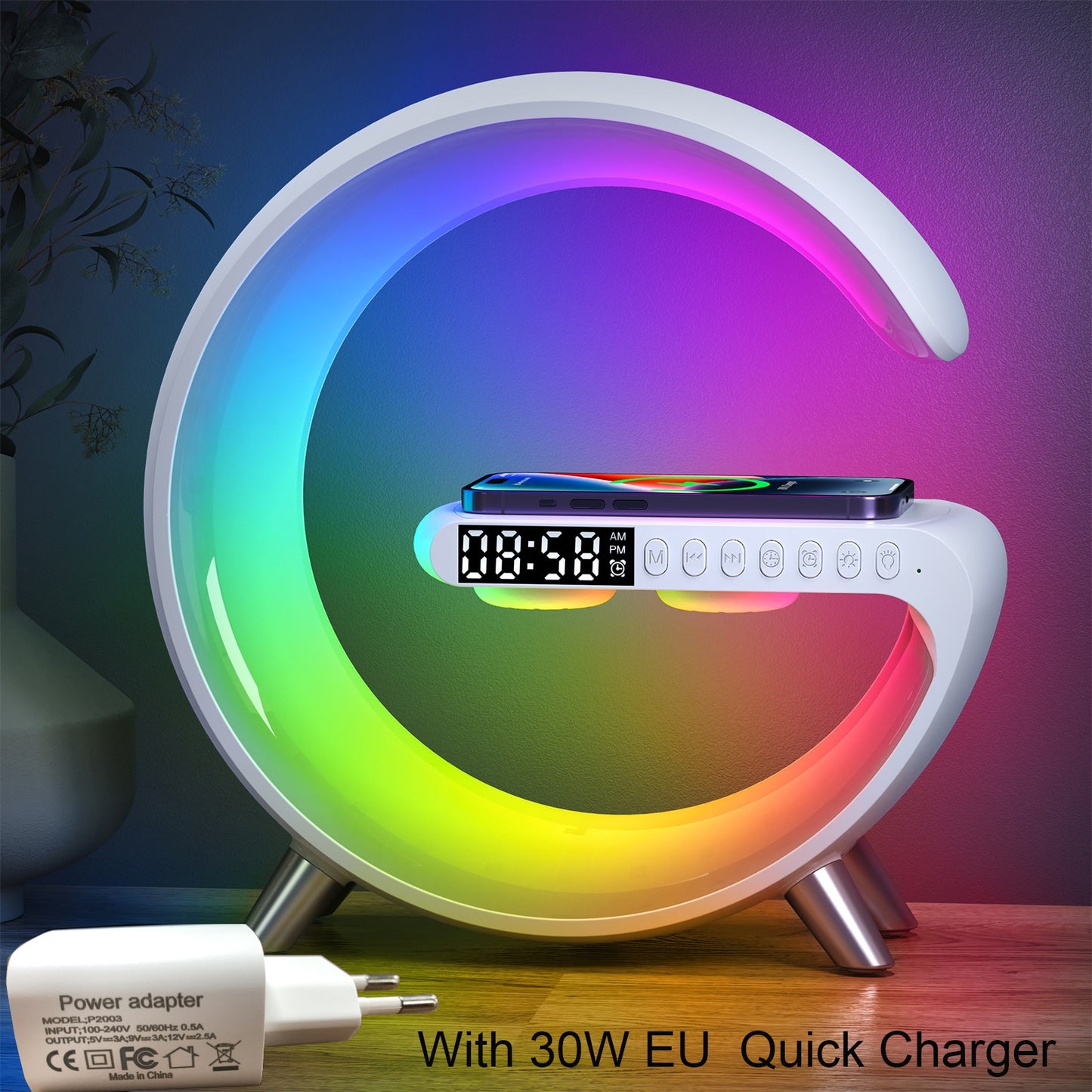 Multifunctional Wireless Charger Alarm Clock Speaker APP Control RGB Night Light Charging Station for Iphone 14 Samsung xiaomi