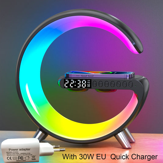 Multifunctional Wireless Charger Alarm Clock Speaker APP Control RGB Night Light Charging Station for Iphone 14 Samsung xiaomi